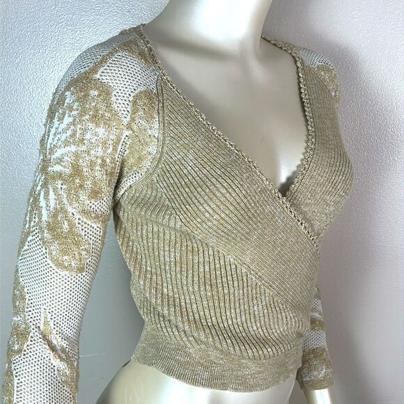 Anthropologie Sweater Lace Sleeves Faux Wrap Beige Boho Romantic small - Picture 4 of 10